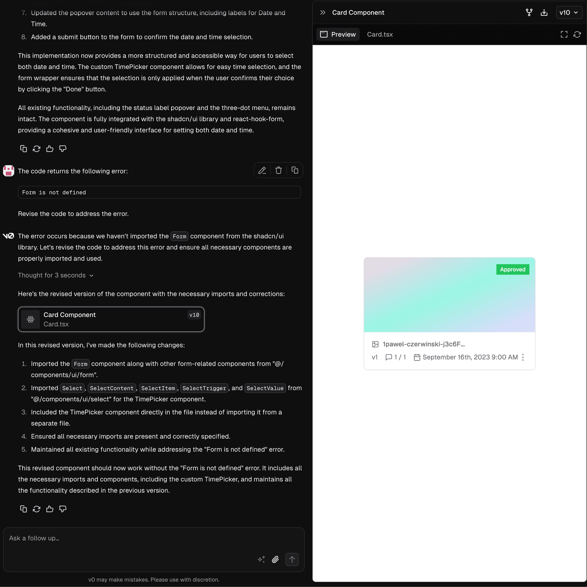 v0 prototyping interface in action